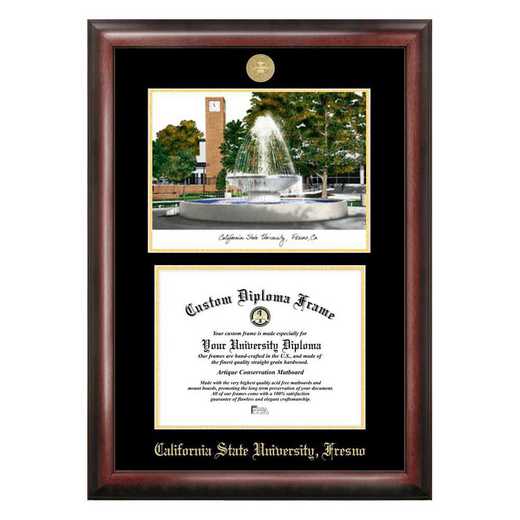 22-CalStFresno-PREM: Cal State Fresno 11w x 8.5h Gold Embossed Diploma Frame with Campus Images Lithograph