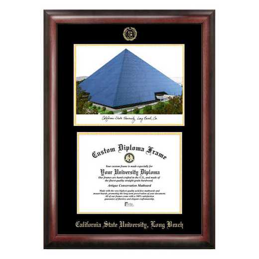 124-CalStLB-PREM: Cal State Long Beach 11w x 8.5h Gold Embossed Diploma Frame with Campus Images Lithograph