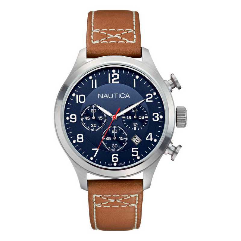 blue watch with brown leather strap