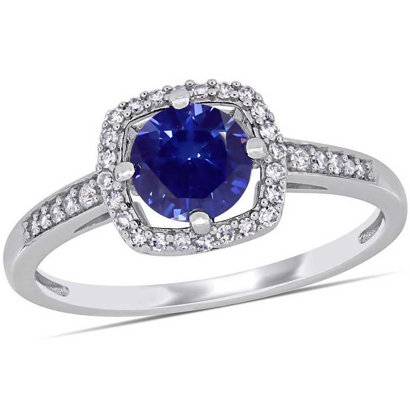 Created Sapphire and 1/7 CT TW Diamond Square Halo Ring in 10k White Gold