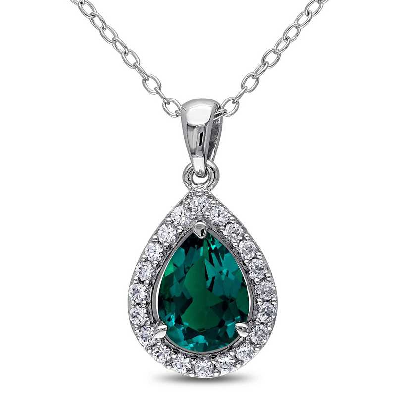 Sterling Silver Emerald White Sapphire and Diamond Halo Pendant Necklace 18"