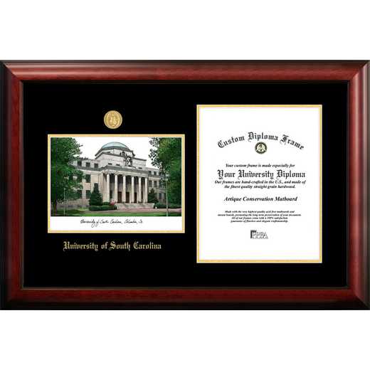 SC995LGED-1114: University of South Carolina 11w x 14h Gold Embossed Diploma Frame with Campus Images Lithograph