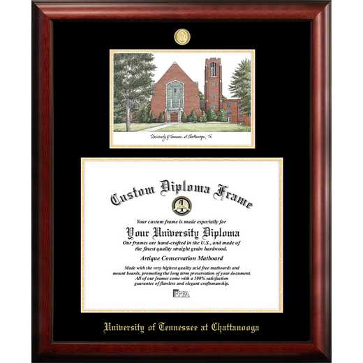 TN997LGED-1714: University of Tennessee, Chattanooga 17w x 14h Gold Embossed Diploma Frame with Campus Images Lithograph
