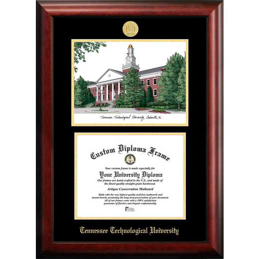 TN998LGED-1185: Tennessee Tech University 11w x 8.5h Gold Embossed Diploma Frame with Campus Images Lithograph
