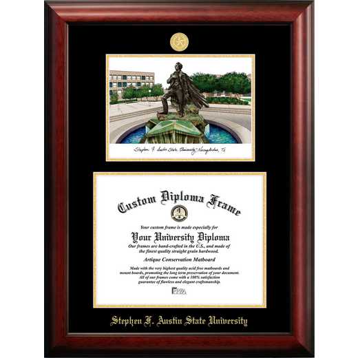 TX945LGED-1411: Stephen F Austin 14w x 11h Gold Embossed Diploma Frame with Campus Images Lithograph