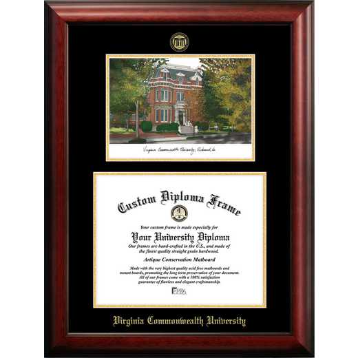 VA983LGED-1411: Virginia Commonwealth University 14w x 11h Gold Embossed Diploma Frame with Campus Images Lithograph