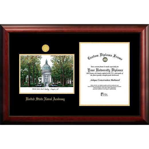 MD997LGED-1014: United States Naval Academy 10w x 14h Gold Embossed Diploma Frame with Campus Images Lithograph