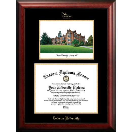 MD999LGED-1411: Towson University 14w x 11h Gold Embossed Diploma Frame with Campus Images Lithograph