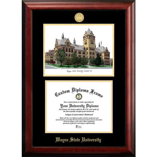 MI983LGED-108: Wayne State University 10w x 8h Gold Embossed Diploma Frame with Campus Images Lithograph