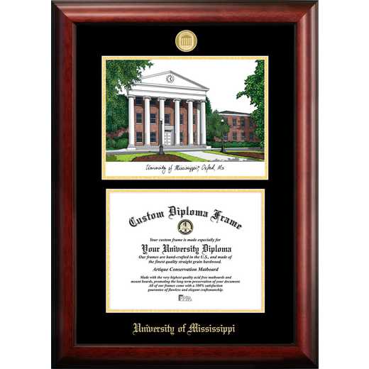 MS999LGED-129: University of Mississippi 12w x 9h Gold Embossed Diploma Frame with Campus Images Lithograph