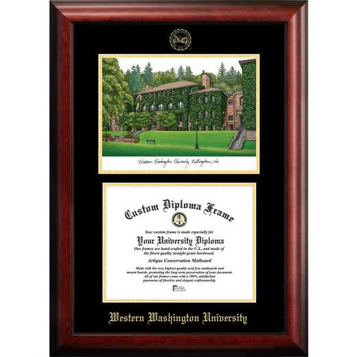 WA997LGED-1185: Western Washington University 11w x 8.5h Gold Embossed Diploma Frame with Campus Images Lithograph