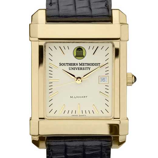 615789411499: SMU Men's Gold Quad Watch W/ Leather Strap