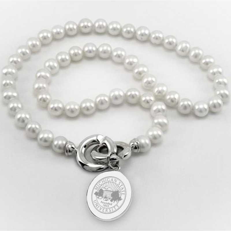 615789229650: Michigan ST Pearl Necklace W/ SS Charm