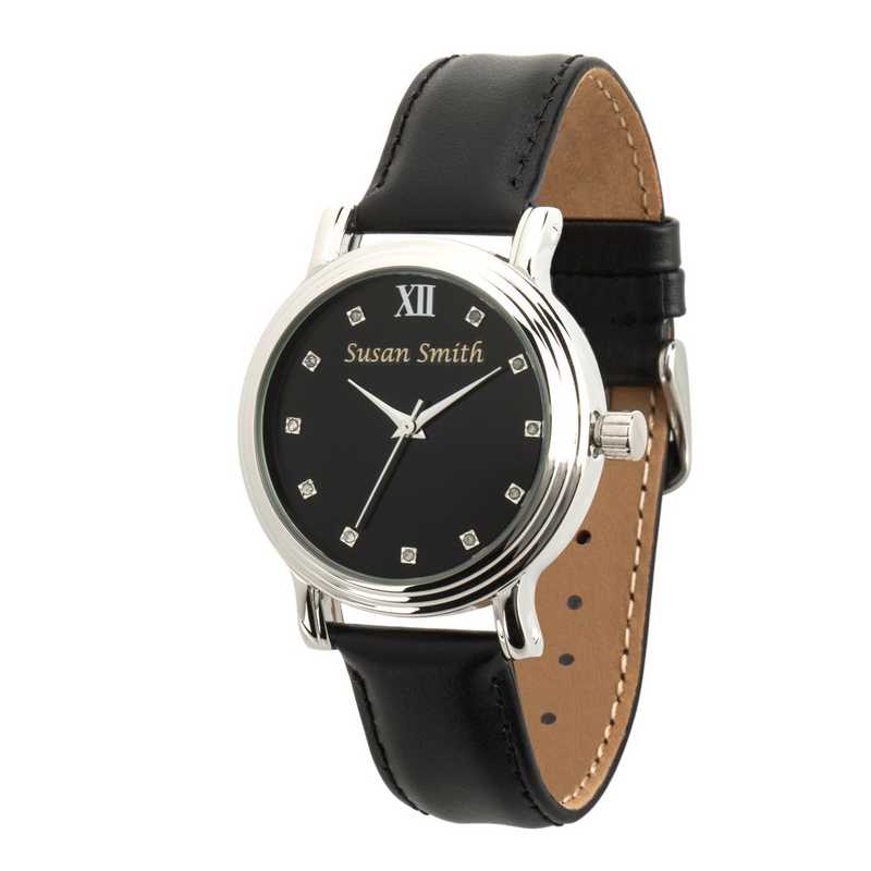 Ladies Personalized Black Leather Band Watch