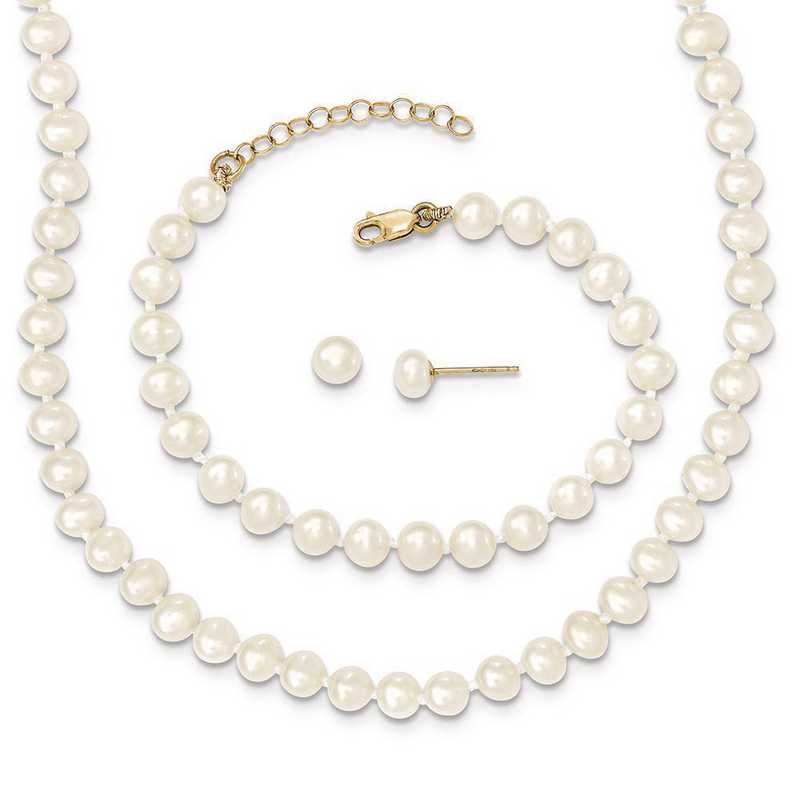 14K Yellow Gold 5-6mm White Button FWC Pearl Earring and Pendant Set