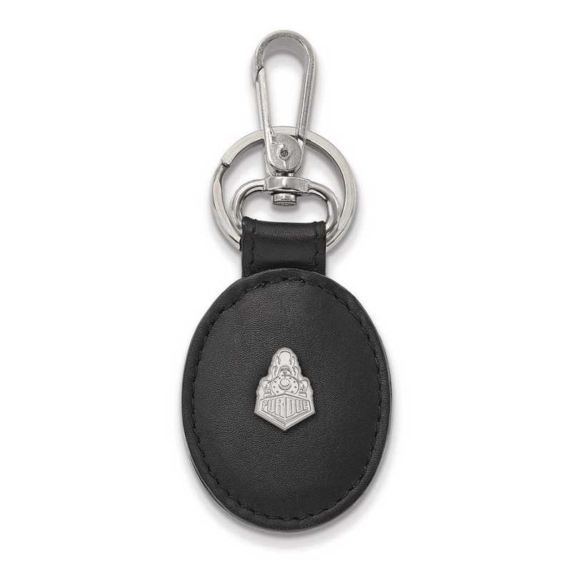 SS048PU-K1: Sterling Silver LogoArt Purdue Black Leather Oval Key Chain