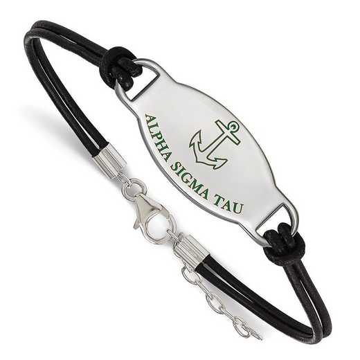 SS018ALS-BK-7: SS Rh-p LogoArt Alpha Sigma Tau Enml Black Leather Bracelet
