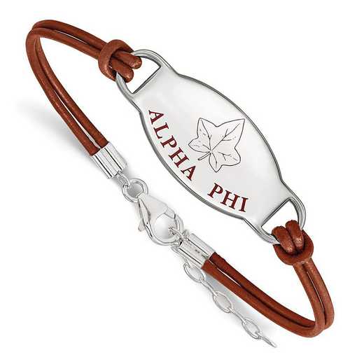 SS018APH-7: SS Rh-plated LogoArt Alpha Phi Enameled Leather Bracelet