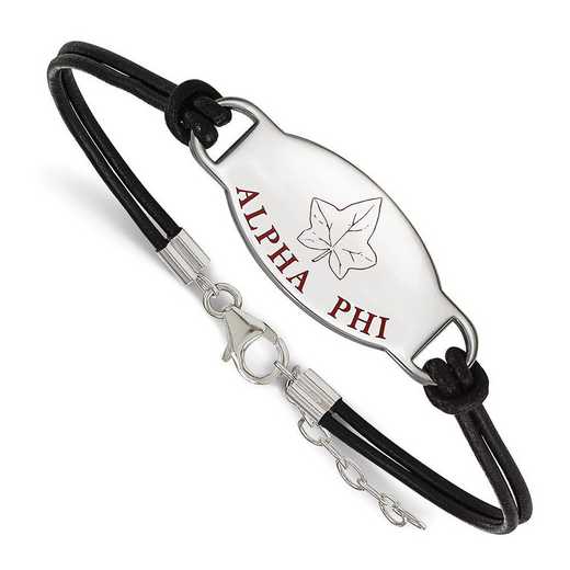 SS018APH-BK-7: SS. Rh-plated LogoArt Alpha Phi Enml Black Leather Bracelet