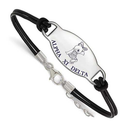 SS018AXD-BK-7: SS. Rh-p LogoArt Alpha Xi Delta Enml Black Leather Bracelet