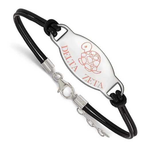 SS018DZ-BK-7: SS. Rh-p LogoArt Delta Zeta Enml Oval Black Leather Bracelet