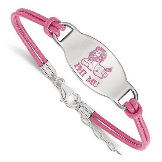 SS018PHM-7: SS Rh-plated LogoArt Phi Mu Enameled Oval Leather Bracelet