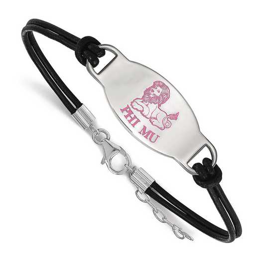 SS018PHM-BK-7: SS. Rh-p LogoArt Phi Mu Enameled Oval Black Leather Bracelet