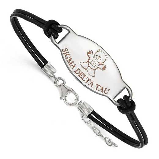 SS018SDT-BK-7: SS Rh-p LogoArt Sigma Delta Tau Enml Black Leather Bracelet