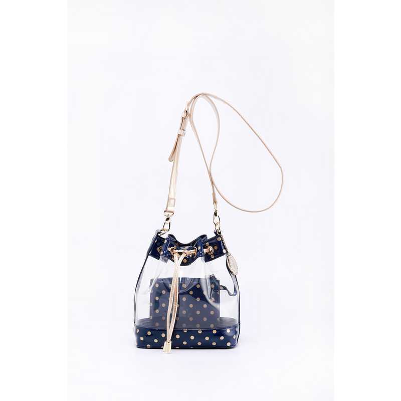 navy and gold handbag