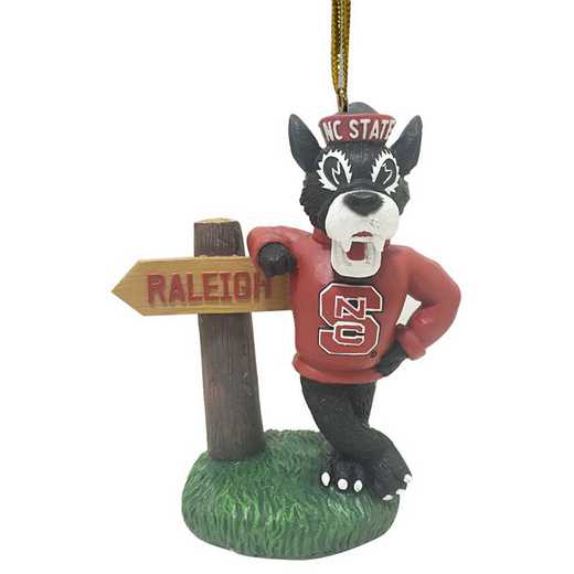 MOS020: NCSTATE 3.5IN RESIN MASCOT WITH SIGN ORN