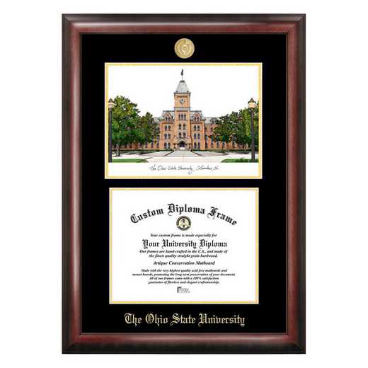 OH987LGED-1185: Ohio State University 11w x 8.5h Gold Embossed Diploma Frame with Campus Images Lithograph