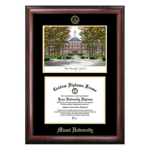 OH982LGED-1185: Miami University Ohio 11w x 8.5h Gold Embossed Diploma Frame with Campus Images Lithograph