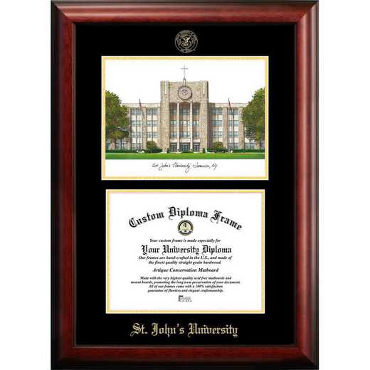 NY998LGED-1185: St. John's University 11w x 8.5h Gold Embossed Diploma Frame with Campus Images Lithograph