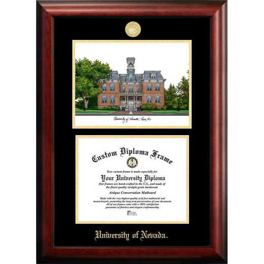 NV998LGED-1185: University of Nevada 11w x 8.5h Gold Embossed Diploma Frame with Campus Images Lithograph