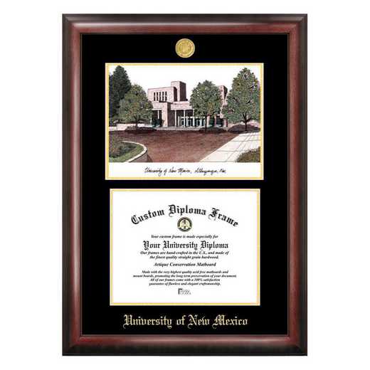 NM999LGED-1185: University of New Mexico 11w x 8.5h Gold Embossed Diploma Frame with Campus Images Lithograph