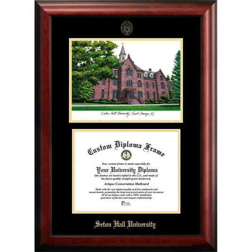 NJ997LGED-1185: Seton Hall 11w x 8.5h Gold Embossed Diploma Frame with Campus Images Lithograph