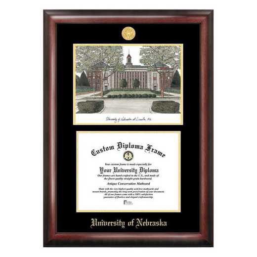 NE999LGED-1185: University of Nebraska 11w x 8.5h Gold Embossed Diploma Frame with Campus Images Lithograph