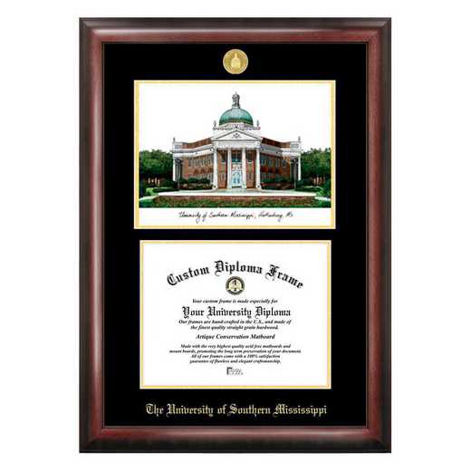MS998LGED-1185: Southern Mississippi 11w x 8.5h Gold Embossed Diploma Frame with Campus Images Lithograph