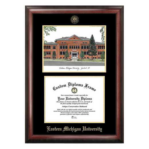 MI995LGED-108: Eastern Michigan University 10w x 8h Gold Embossed Diploma Frame with Campus Images Lithograph