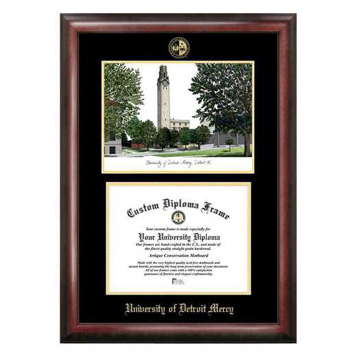 MI985LGED-1185: University Of Detroit, Mercy 11w x 8.5h Gold Embossed Diploma Frame with Campus Images Lithograph