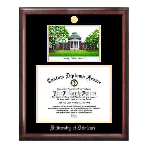 DE999LGED-1612: University of Delaware 16w x 12h Gold Embossed Diploma Frame with Campus Images Lithograph
