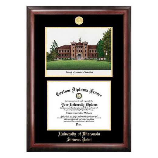 WI993LGED-108: University of Wisconsin- Stevens Point 10w x 8h Gold Embossed Diploma Frame with Campus Images Lithograph