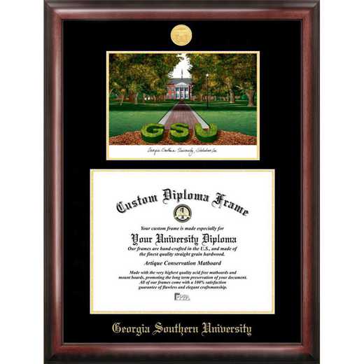 GA975LGED-1512: Georgia Southern 15w x 12h Gold Embossed Diploma Frame with Campus Images Lithograph