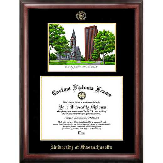 MA990LGED-1185: University of Massachusetts 11w x 8.5h Gold Embossed Diploma Frame with Campus Images Lithograph