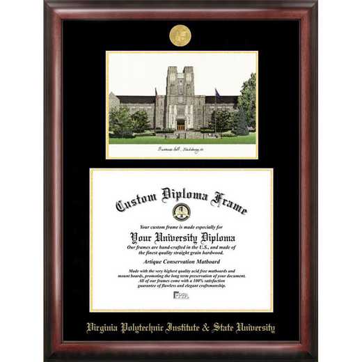 VA999LGED-155135: Virginia Tech 15.5w x 13.5h Gold Embossed Diploma Frame with Campus Images Lithograph