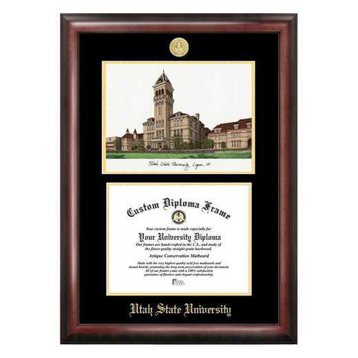 UT997LGED-1185: Utah State University 11w x 8.5h Gold Embossed Diploma Frame with Campus Images Lithograph