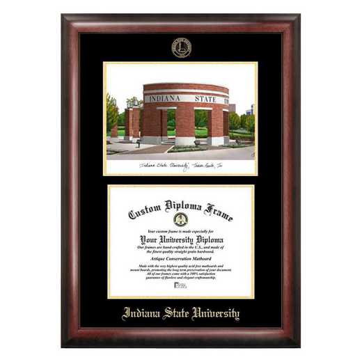 IN986LGED-1185: Indiana State 11w x 8.5h Gold Embossed Diploma Frame with Campus Images Lithograph