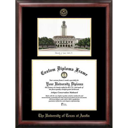 TX959LGED-1411: University of Texas, Austin 14w x 11h Gold Embossed Diploma Frame with Campus Images Lithograph