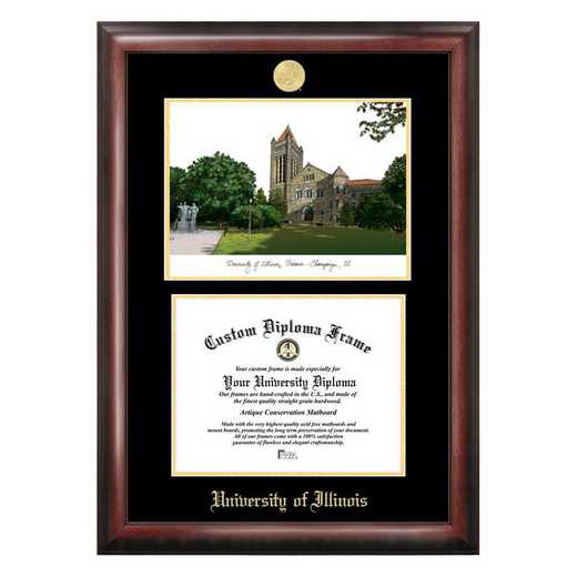 IL976LGED-1185: University of Illinois, Urbana-Champaign 11w x 8.5h Gold Embossed Diploma Frame with Campus Images Lithograph