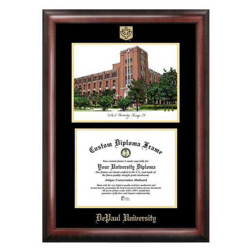 IL974LGED-1185: DePaul University 11w x 8.5h Gold Embossed Diploma Frame with Campus Images Lithograph